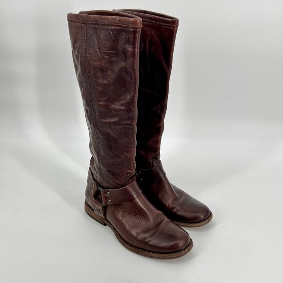 FRYE Phillip Harness Tall Riding Boots Womens 6.5 B Brown Leather 76850 Zip Back - Picture 1 of 9